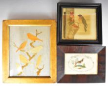 Three 19thC needlework, embroidery and pricked paper, watercolour and applied feather pictures of