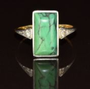 Art Deco 18ct gold ring set with a rectangular turquoise cabochon and diamonds in a platinum