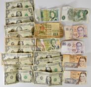 World banknotes comprising United States of America $20, $5 and thirteen $1, two Singapore $2,