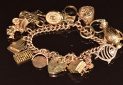A 9ct gold charm bracelet with fifteen 9ct gold charms including 'marriage certificate' stanhope,