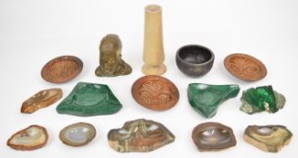 A collection of malachite, agate, soapstone and petrified wood dishes, vase and bust signed