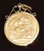 1909 gold half sovereign in 9ct gold pendant mount, 5.2g