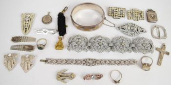 Silver bangle with ivy decoration, silver locket (Birmingham 1908), two silver rings, silver