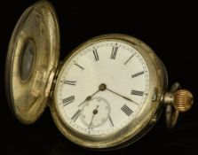 Unnamed hallmarked silver keyless winding half hunter pocket watch with subsidiary seconds dial,