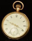 Waltham 14ct gold plated keyless winding open faced pocket watch with subsidiary seconds dial,