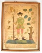 18thC wool work embroidery on paper of a man holding a staff and with surrounding flora and fauna,