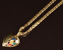 An 18k gold heart pendants set with paste (2cm) on 18k gold curb link chain, 17.6g, 46cm