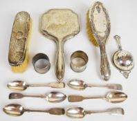 Hallmarked silver items comprising set of six Victorian fiddle pattern teaspoons, tea strainer,