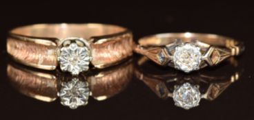 An 18ct gold ring set with a diamond in a platinum setting (2.5g, size M) and a 9ct gold ring set