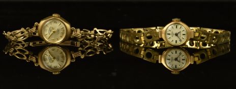 Two Rotary 9ct gold ladies wristwatches, one with gold hands and hour markers on 9ct gold bracelet