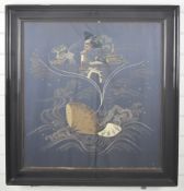 19th / 20thC Chinese embroidery of seashells and waves inundating a settlement, possibly a typhoon /