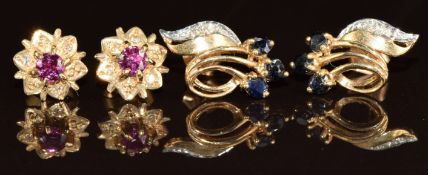 Two pairs of 9ct gold earrings, one pair set with sapphires and diamonds and one rubies and