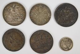 1819 George III silver crown and an 1817 'bull head' shilling together with a Queen Victoria 1887