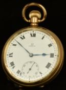 Omega gold plated keyless winding open faced pocket watch with subsidiary seconds dial, blued hands,