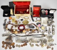 Costume jewellery including jet brooch, silver brooch, watches, compact, Dolce and Gabbana watch,