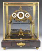 Congreve fusee rolling ball clock, with three dials and turned column supports, under a glazed case,