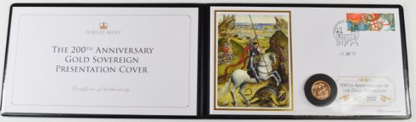 Benham limited edition (of 99) 2017 Elizabeth II gold full sovereign 200th anniversary coin cover,