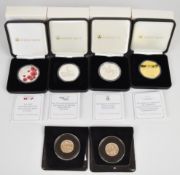 Six Jubilee Mint limited edition proof silver coins comprising 2019 Remembrance Day £5, 2015 75th