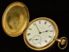 Elgin gold plated keyless winding full hunter pocket watch with inset subsidiary seconds dial, blued
