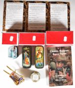 Three Russian lacquered boxes, Royal Crown Derby Imari miniature wheelbarrow and Halcyon Days