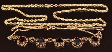A 9ct gold necklace set with five oval garnets and a 9ct gold rope twist necklace, 12.8g, 42cm &