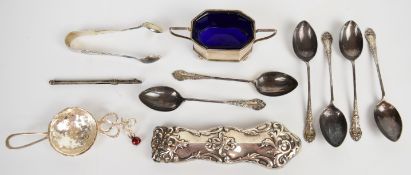 Hallmarked silver items comprising set of six teaspoons and sugar tongs, page turner handle, salt