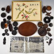 A large collection of Chinese wooden stands, embroidery of the Empress Dowagers residence and a