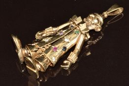 A 9ct gold articulated clown pendant set with rubies, emeralds, sapphires and cubic zirconia, 24.1g,