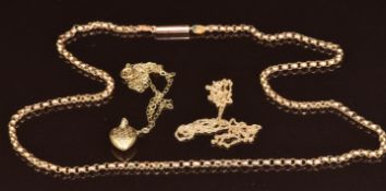 Three 9ct gold chains and heart pendant, 7.9g, 46, 40 & 46cm