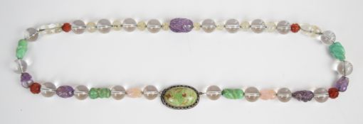 Chinese beaded necklace made up of carved amethyst, agate beads and jadeite beads, engraved beads