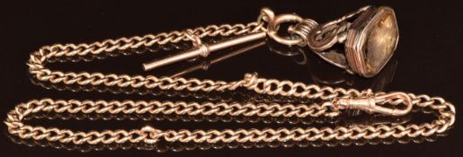 A 9ct rose gold Albert /watch chain made up of curb links, with yellow metal fob / intaglio seal set