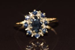 A 9ct gold ring set with a cluster of sapphires, 2.7g, size P