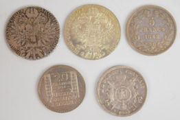 French and Austrian coinage comprising two Maria Theresia thalers, 1842 and 1869 5 Franc French