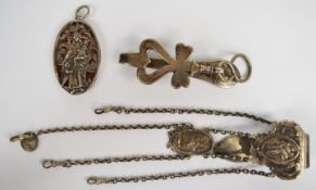 Two chatelaine clips, one with possibly French silver marks, the other marked AC, with unmarked