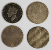 Four shillings comprising 1709 Queen Anne, 1758 George II, 1787 George III and 1826 George IV