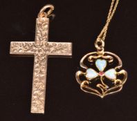 Art Nouveau 9ct gold pendant set with heart cut opals and a ruby (2cm) on 9ct gold chain (50cm) with