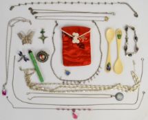 A collection of costume jewellery including Napier necklace, silver Wedgwood pendant, 9ct gold