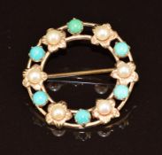 A 9ct gold circular brooch set with turquoise and pearls, 4.8g, 2.5cm