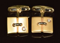 A pair of 18k gold cufflinks with matt finish, each set with a diamond, 16.2g