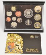 Royal Mint 2009 proof coin set comprising 12 coins from £5 to one penny, including Kew Gardens