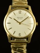 Record De Luxe 9ct gold gentleman's wristwatch with gold hands and baton hour markers, silver dial
