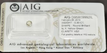 A loose 0.30ct round brilliant cut natural fancy yellow green diamond, with certificate