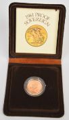 Royal Mint cased 1981 proof gold full sovereign