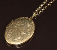 A 9ct gold locket and chain,18.3g, the locket 3 x 4cm, the chain 50cm
