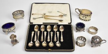 Hallmarked silver items including mustards, open salts, napkin rings and spoons, weight of all items