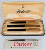 Parker 61 cased three pen set comprising fountain pen, ballpoint pen and propelling pencil, with