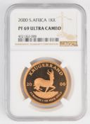 2018 South Africa gold proof 1 ounce Kruggerand in NGC slab, graded Ultra Cameo PF69