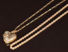 A 9ct gold heart locket, 9ct gold chain made up of rectangular links (45cm) and a rope twist