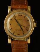 Milus 18ct gold gentleman's wristwatch with blued hands, Roman numerals, bronze dial and