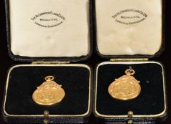 Two cased 1938 London Athletic Club gold medals for Public Schools 100 yards winner and long jump